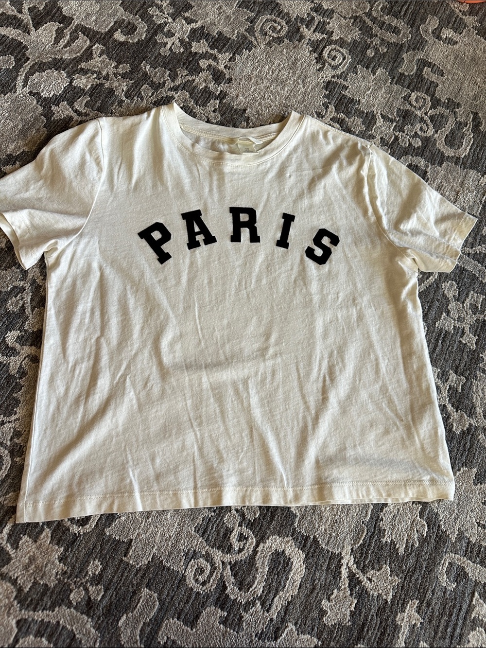 H&M White Short Sleeve Tee with Black 'PARIS' Graphic